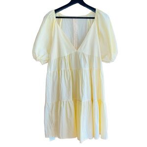 Commense Tea Length Tiered Dress Sz S Yellow Tiered Short Balloon Sleeve W/Flaws